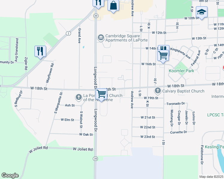 map of restaurants, bars, coffee shops, grocery stores, and more near 105 West 18th Street in La Porte