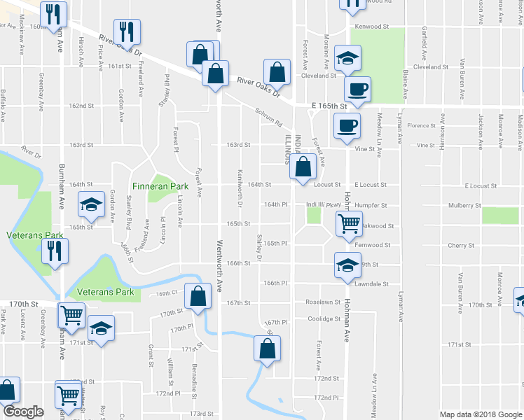 map of restaurants, bars, coffee shops, grocery stores, and more near 24 165th Street in Calumet City