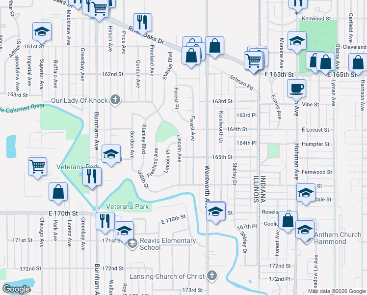 map of restaurants, bars, coffee shops, grocery stores, and more near 1484 Lincoln Avenue in Calumet City