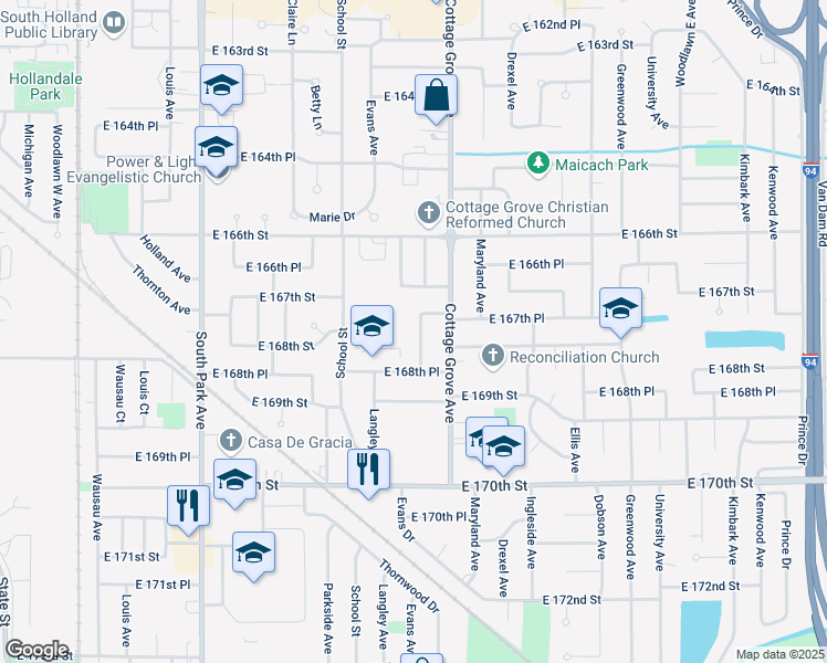 map of restaurants, bars, coffee shops, grocery stores, and more near 16745 Evans Avenue in South Holland
