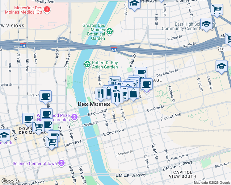 map of restaurants, bars, coffee shops, grocery stores, and more near 300 East Grand Avenue in Des Moines