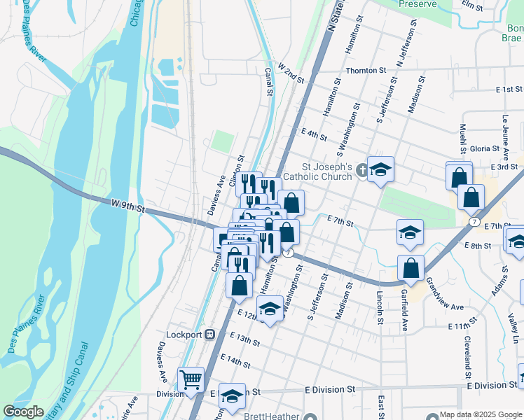 map of restaurants, bars, coffee shops, grocery stores, and more near 723 South State Street in Lockport