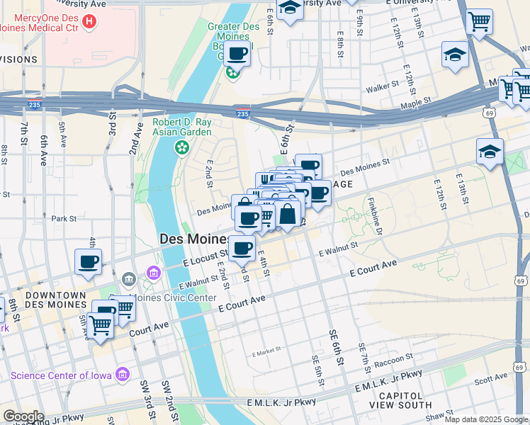 map of restaurants, bars, coffee shops, grocery stores, and more near 425 East Grand Avenue in Des Moines