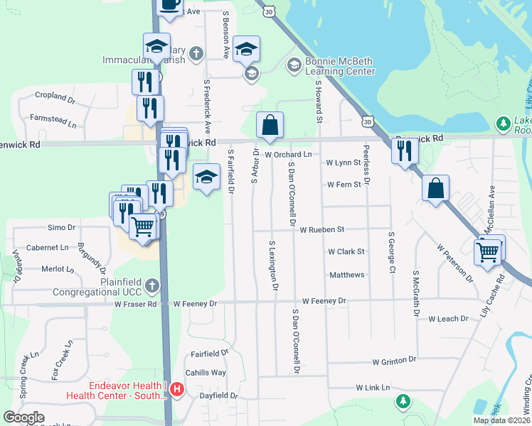 map of restaurants, bars, coffee shops, grocery stores, and more near 16061 South Arbor Drive in Plainfield