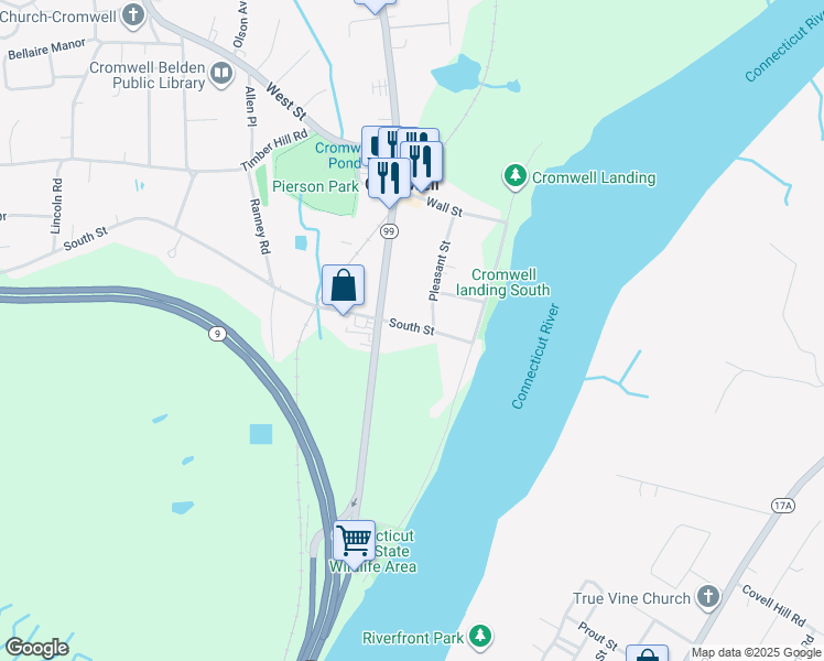map of restaurants, bars, coffee shops, grocery stores, and more near 15 South Street in Cromwell