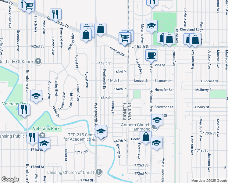 map of restaurants, bars, coffee shops, grocery stores, and more near 24 165th Street in Calumet City