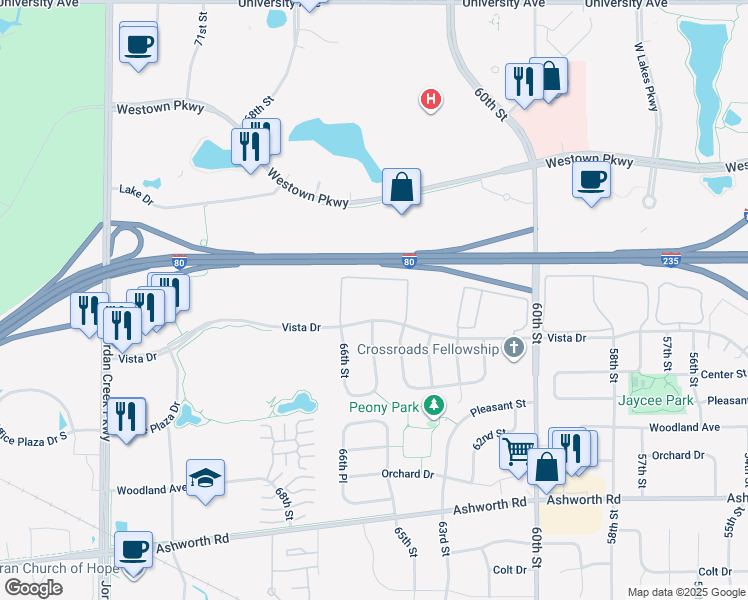 map of restaurants, bars, coffee shops, grocery stores, and more near 6559 Vista Drive in West Des Moines