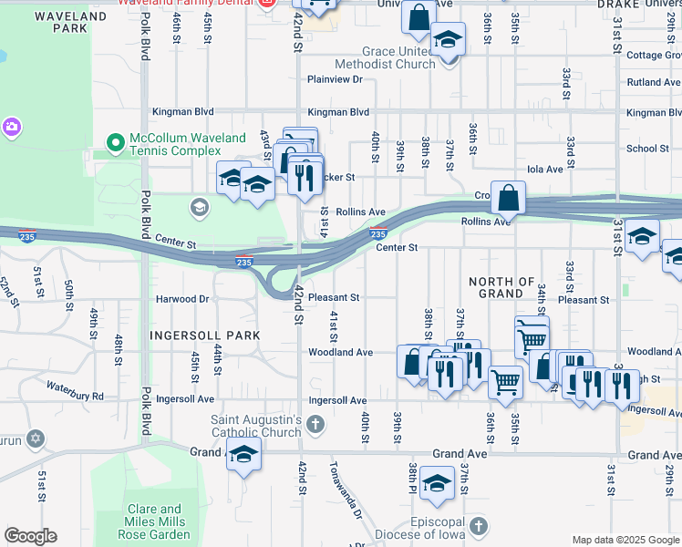map of restaurants, bars, coffee shops, grocery stores, and more near 725 41st Street in Des Moines