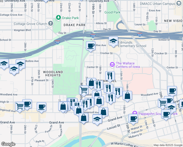 map of restaurants, bars, coffee shops, grocery stores, and more near 723 20th Street in Des Moines