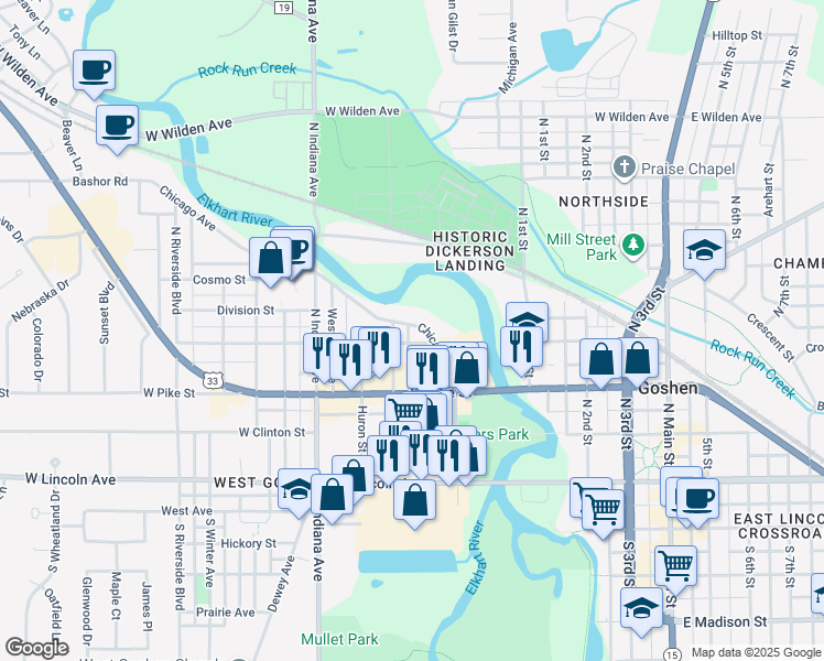 map of restaurants, bars, coffee shops, grocery stores, and more near 503 Chicago Avenue in Goshen