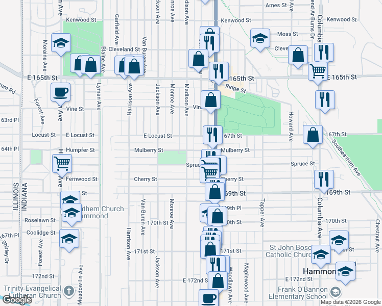 map of restaurants, bars, coffee shops, grocery stores, and more near 6741 Madison Avenue in Hammond