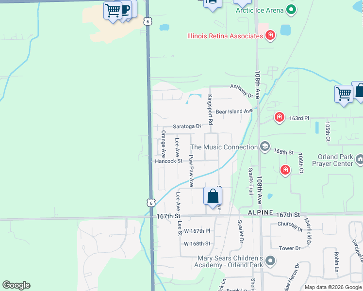 map of restaurants, bars, coffee shops, grocery stores, and more near 16421 Lee Avenue in Orland Park
