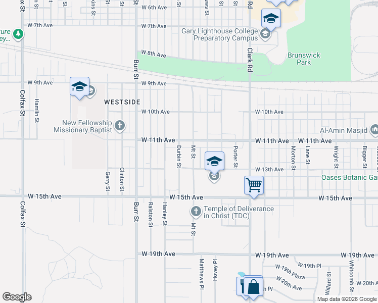 map of restaurants, bars, coffee shops, grocery stores, and more near 1124 Mount Street in Gary