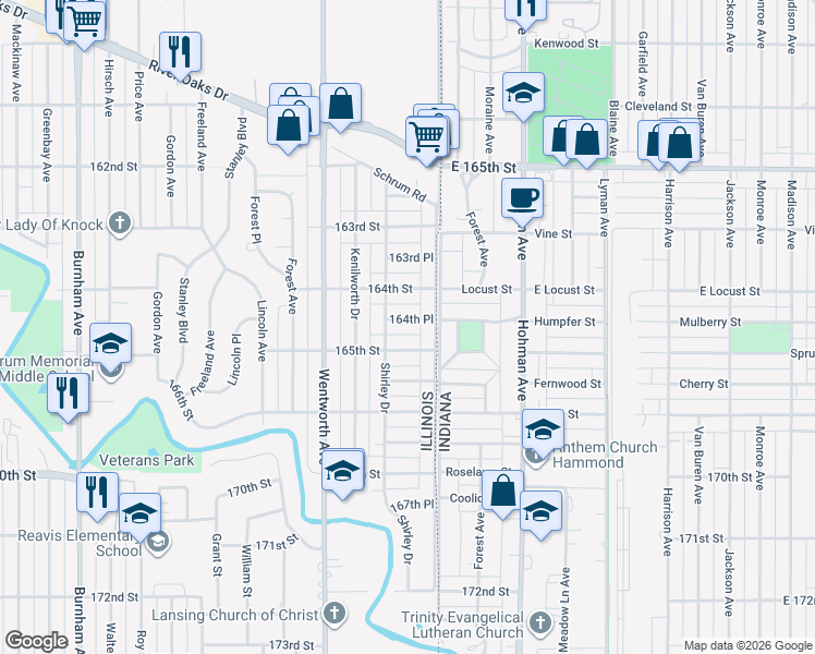 map of restaurants, bars, coffee shops, grocery stores, and more near 24 165th Street in Calumet City