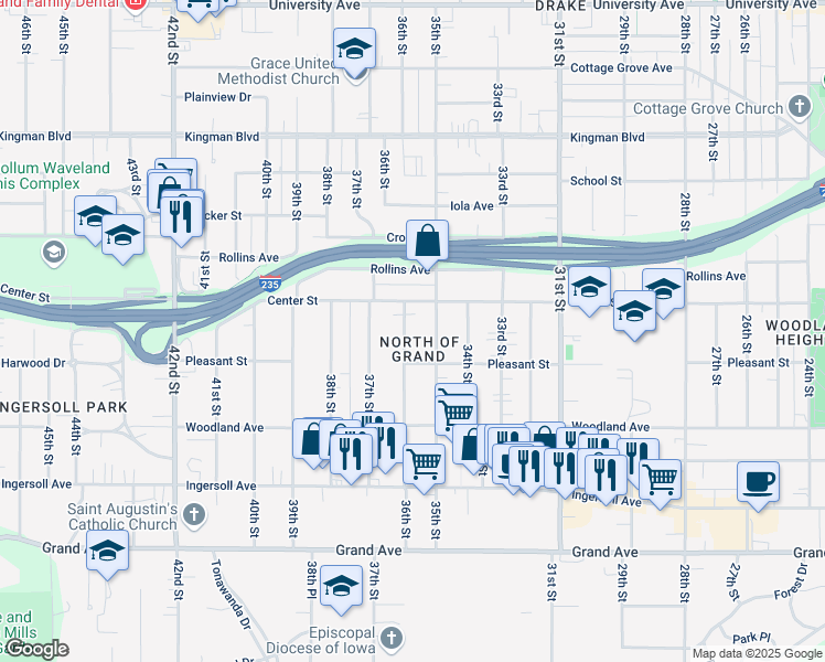 map of restaurants, bars, coffee shops, grocery stores, and more near 712 35th Street in Des Moines