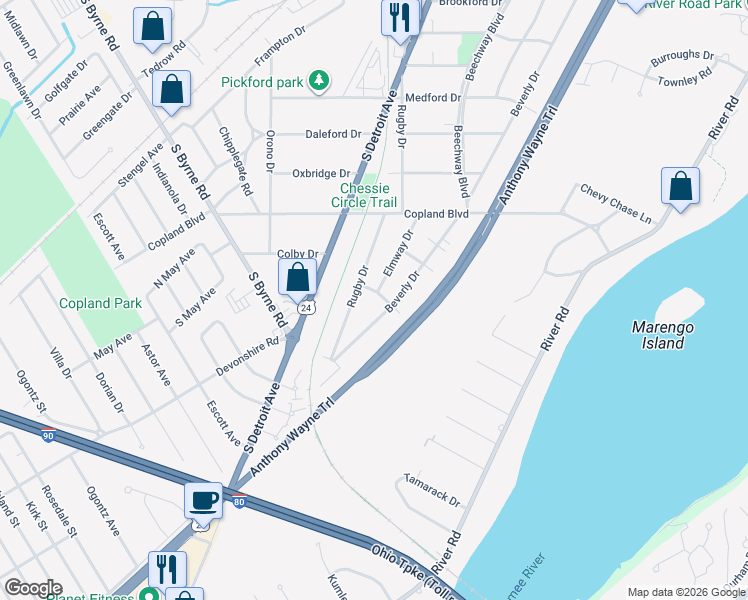 map of restaurants, bars, coffee shops, grocery stores, and more near 4316 Beverly Drive in Toledo