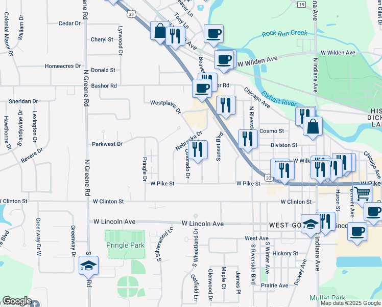 map of restaurants, bars, coffee shops, grocery stores, and more near 401 Kansas Drive in Goshen