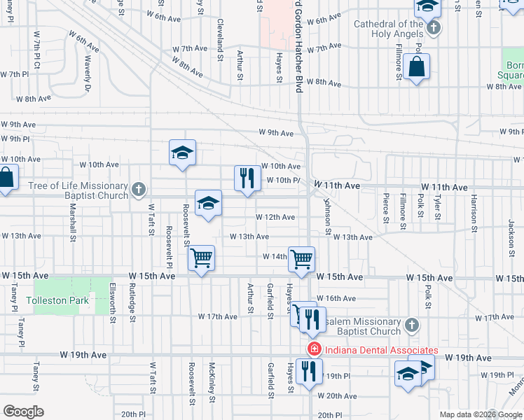 map of restaurants, bars, coffee shops, grocery stores, and more near 1679 West 12th Avenue in Gary