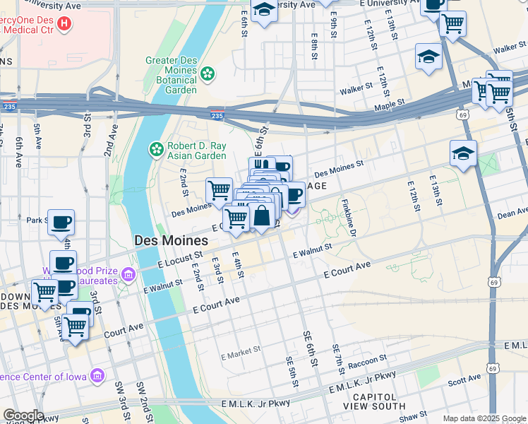 map of restaurants, bars, coffee shops, grocery stores, and more near 516 East Grand Avenue in Des Moines