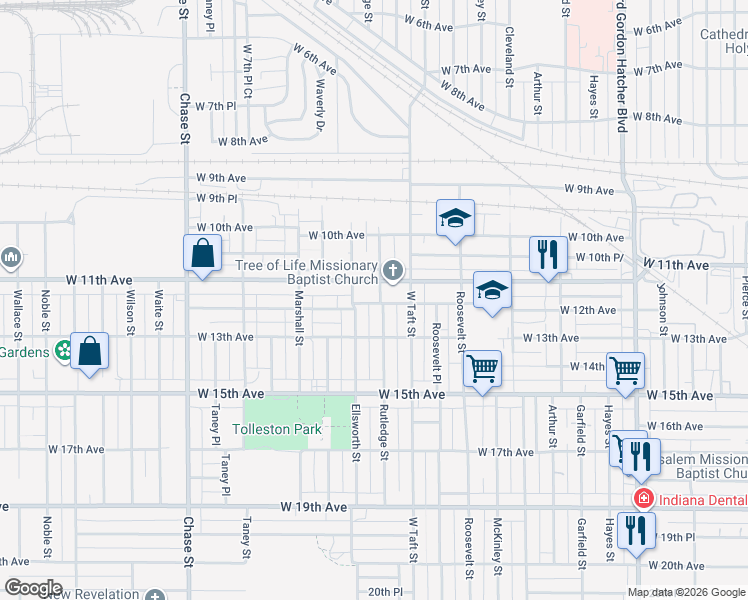 map of restaurants, bars, coffee shops, grocery stores, and more near 1210 Rutledge Street in Gary