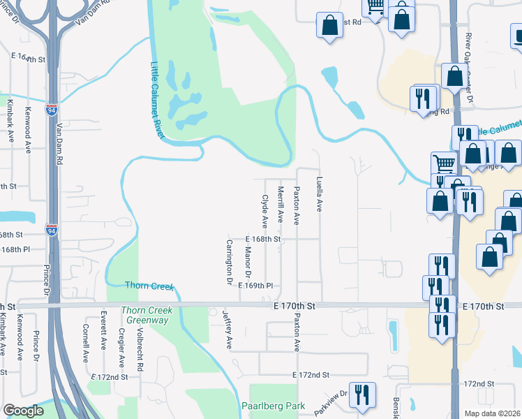 map of restaurants, bars, coffee shops, grocery stores, and more near 16750 Manor Drive in South Holland