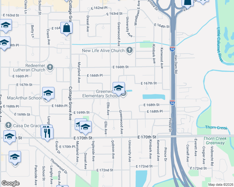 map of restaurants, bars, coffee shops, grocery stores, and more near 16752 Greenwood Avenue in South Holland