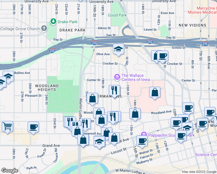 map of restaurants, bars, coffee shops, grocery stores, and more near in Des Moines