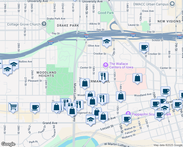 map of restaurants, bars, coffee shops, grocery stores, and more near 717 19th Street in Des Moines