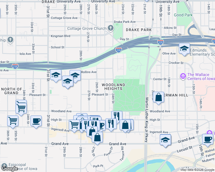 map of restaurants, bars, coffee shops, grocery stores, and more near 714 25th Street in Des Moines