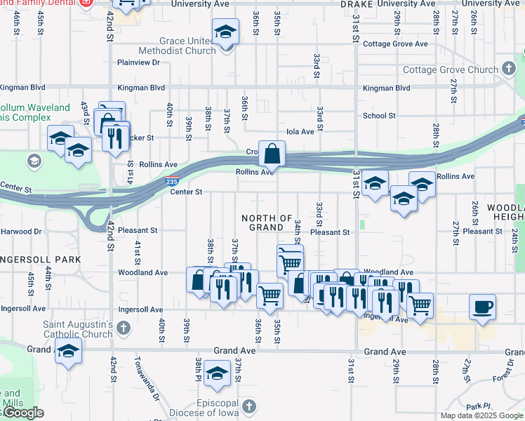 map of restaurants, bars, coffee shops, grocery stores, and more near 712 35th Street in Des Moines