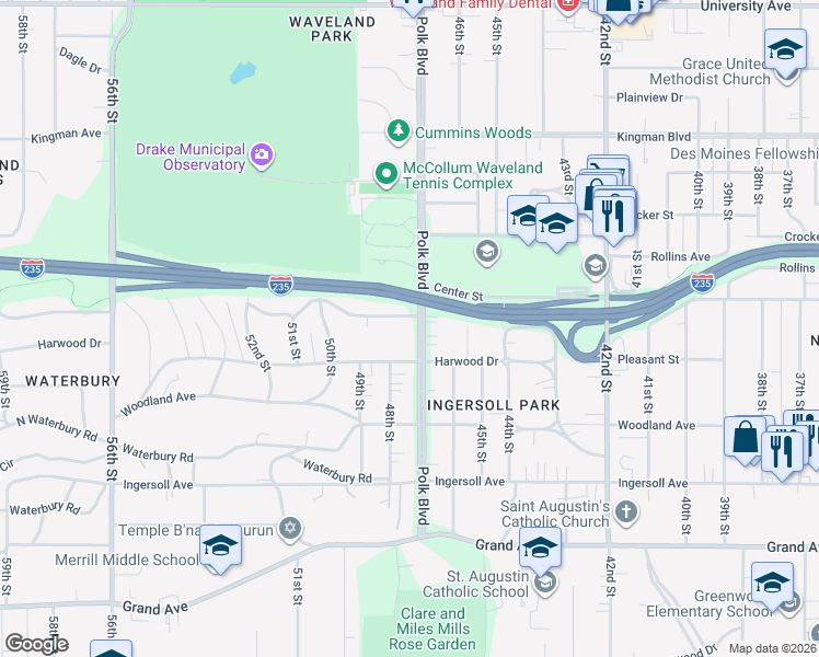 map of restaurants, bars, coffee shops, grocery stores, and more near 712 Polk Boulevard in Des Moines