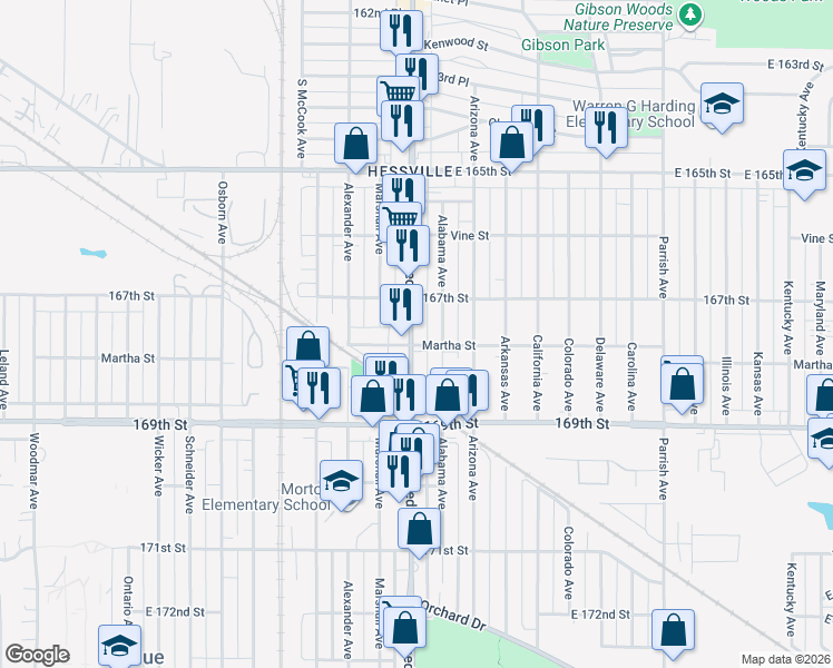 map of restaurants, bars, coffee shops, grocery stores, and more near 2732 Martha Street in Highland