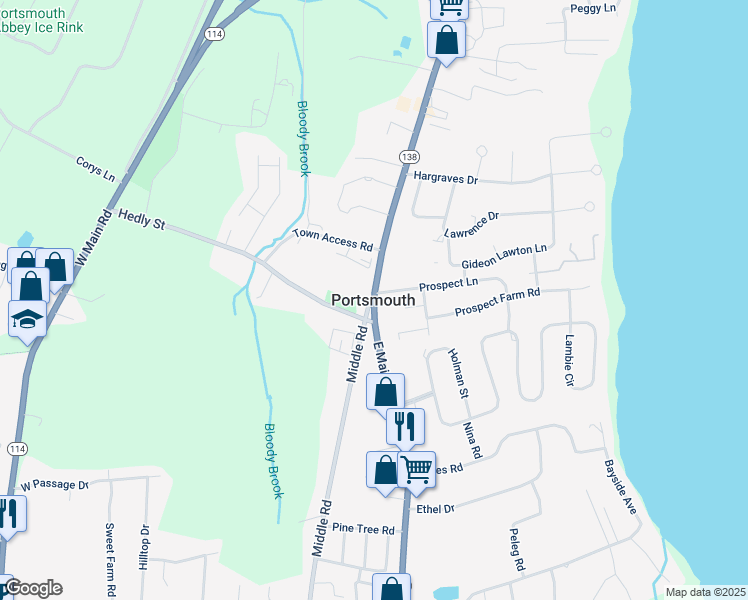 map of restaurants, bars, coffee shops, grocery stores, and more near 2217 East Main Road in Portsmouth