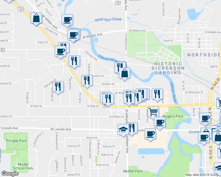 map of restaurants, bars, coffee shops, grocery stores, and more near 409 North Harrison Street in Goshen
