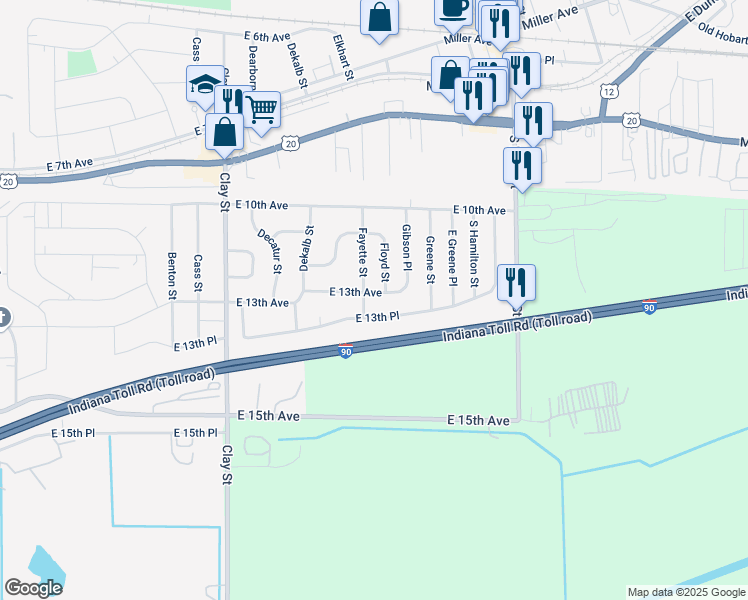 map of restaurants, bars, coffee shops, grocery stores, and more near 1314-1398 Fayette Street in Gary