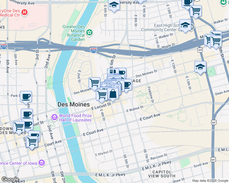map of restaurants, bars, coffee shops, grocery stores, and more near 414 East 6th Street in Des Moines