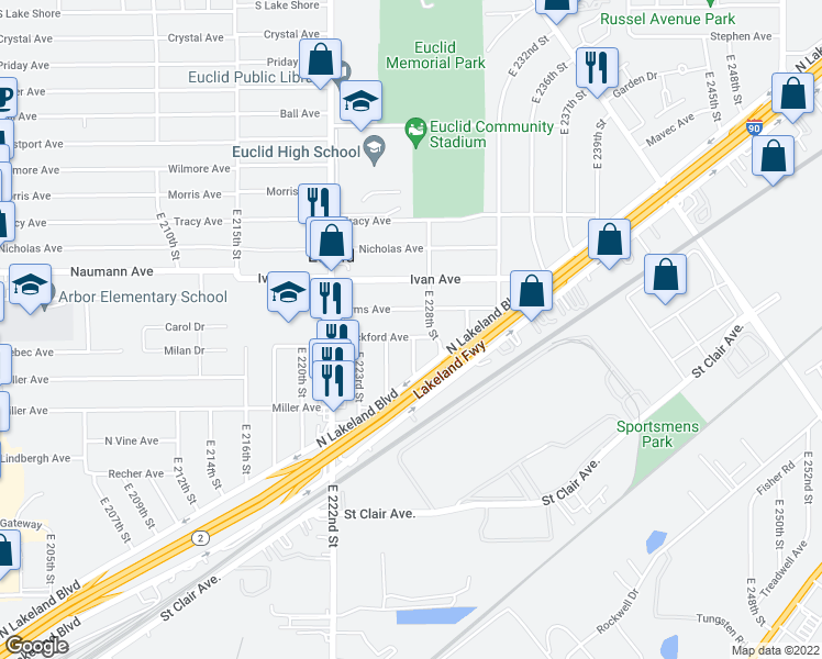 map of restaurants, bars, coffee shops, grocery stores, and more near 22501 Beckford Avenue in Euclid