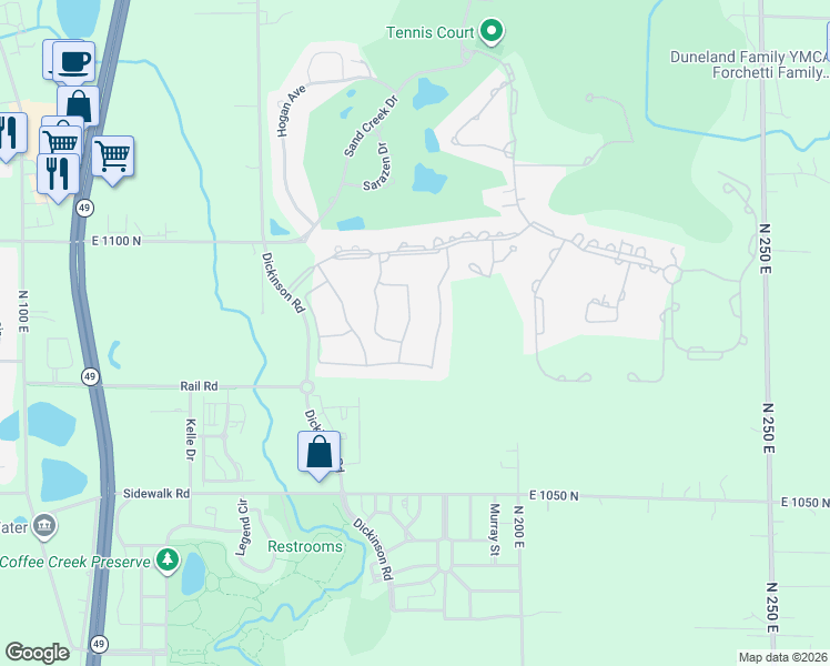 map of restaurants, bars, coffee shops, grocery stores, and more near Toms Court in Chesterton