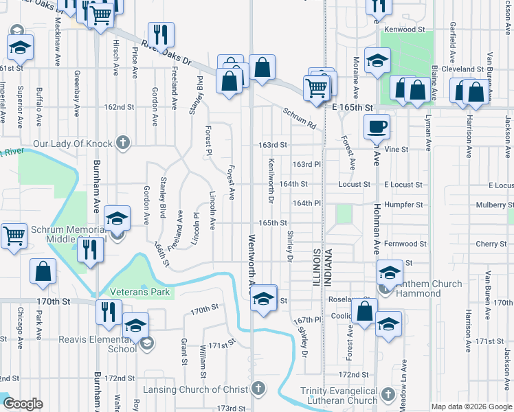 map of restaurants, bars, coffee shops, grocery stores, and more near 1477 Wentworth Avenue in Calumet City