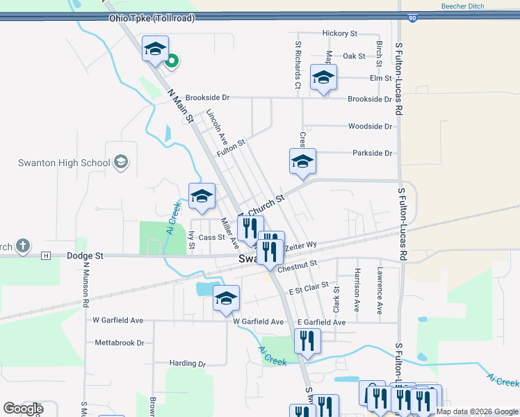 map of restaurants, bars, coffee shops, grocery stores, and more near 198 Lincoln Ave in Swanton