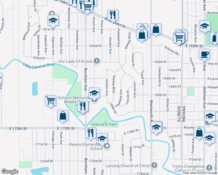 map of restaurants, bars, coffee shops, grocery stores, and more near 1490 Stanley Boulevard in Calumet City