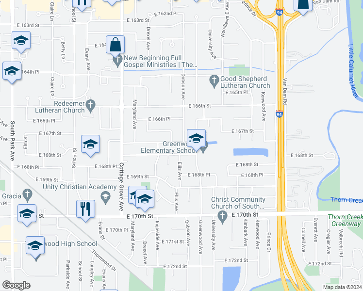 map of restaurants, bars, coffee shops, grocery stores, and more near 1011 East 167th Place in South Holland