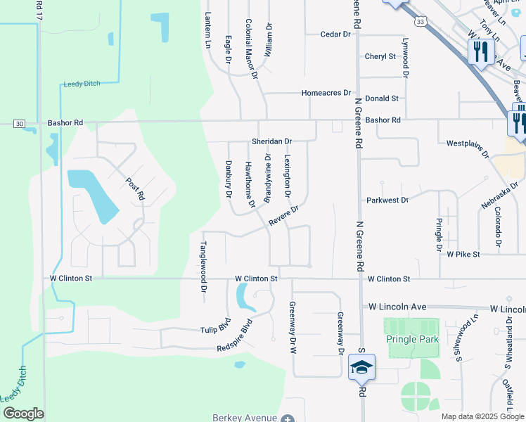 map of restaurants, bars, coffee shops, grocery stores, and more near 401 Hawthorne Dr in Goshen