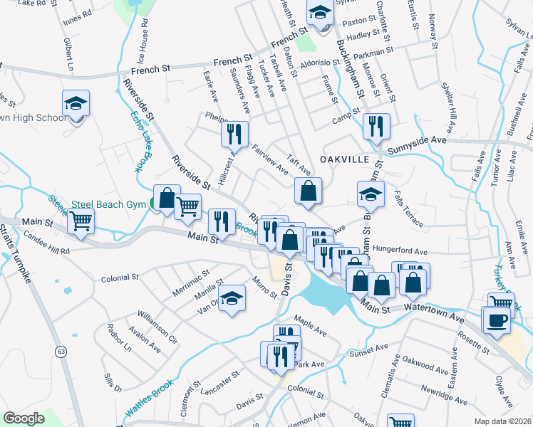 map of restaurants, bars, coffee shops, grocery stores, and more near 110 Riverside Street in Watertown