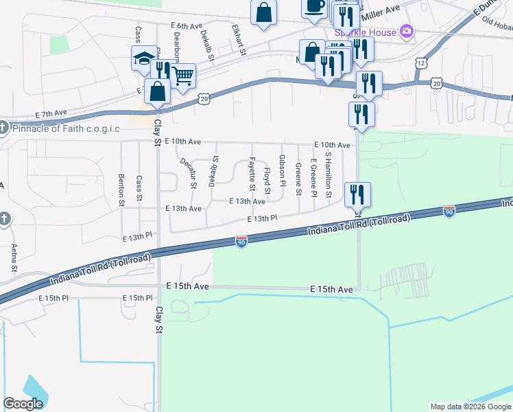 map of restaurants, bars, coffee shops, grocery stores, and more near 1314-1398 Fayette Street in Gary