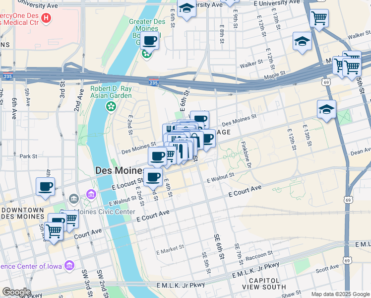 map of restaurants, bars, coffee shops, grocery stores, and more near 516 East Grand Avenue in Des Moines