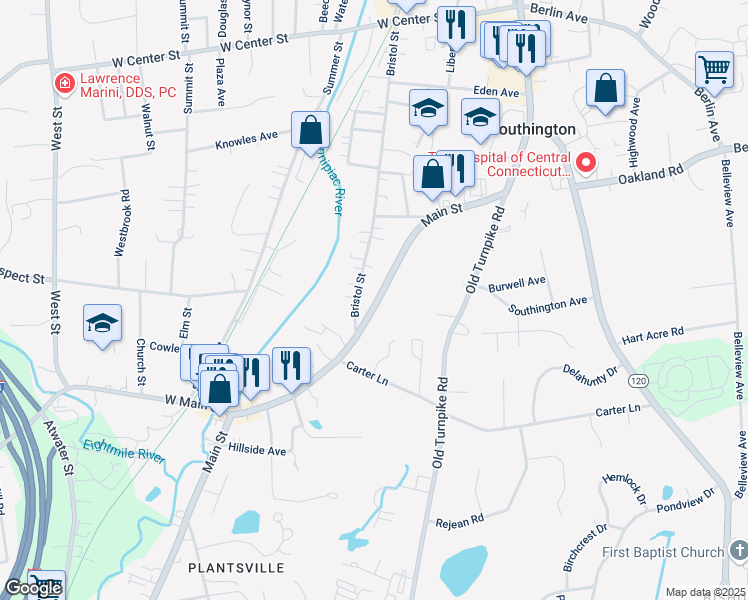 map of restaurants, bars, coffee shops, grocery stores, and more near 570 Main Street in Southington