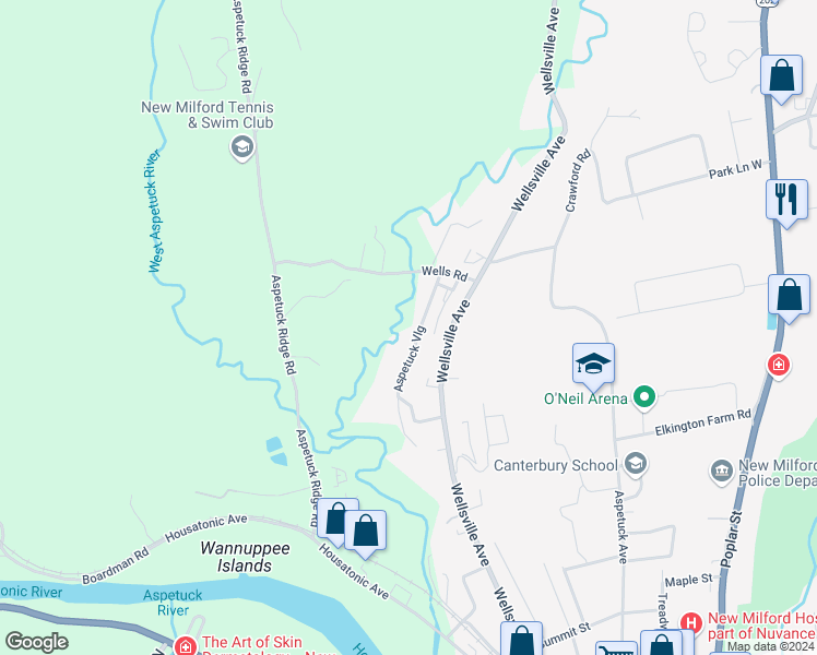 map of restaurants, bars, coffee shops, grocery stores, and more near 96 Aspetuck Village in New Milford