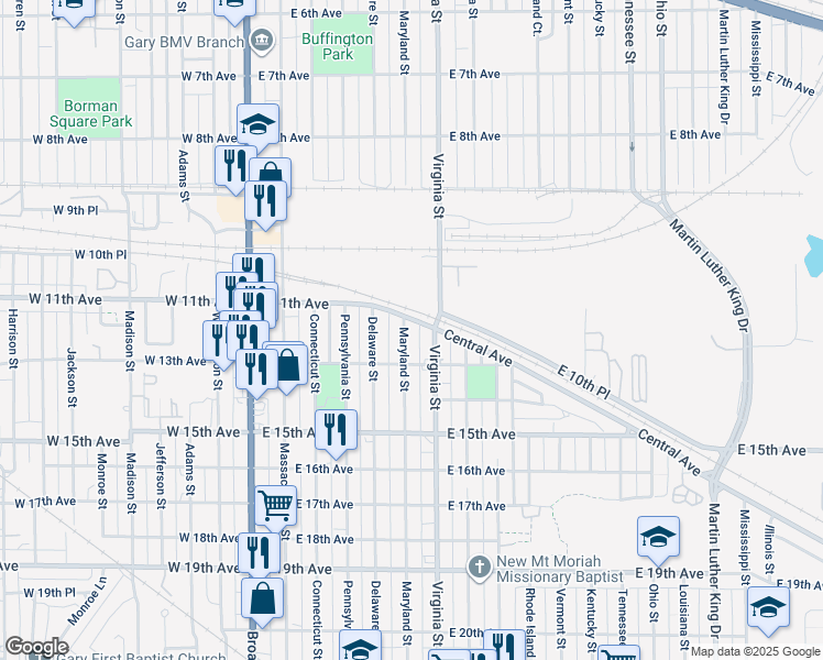 map of restaurants, bars, coffee shops, grocery stores, and more near 1120 Virginia St in Gary