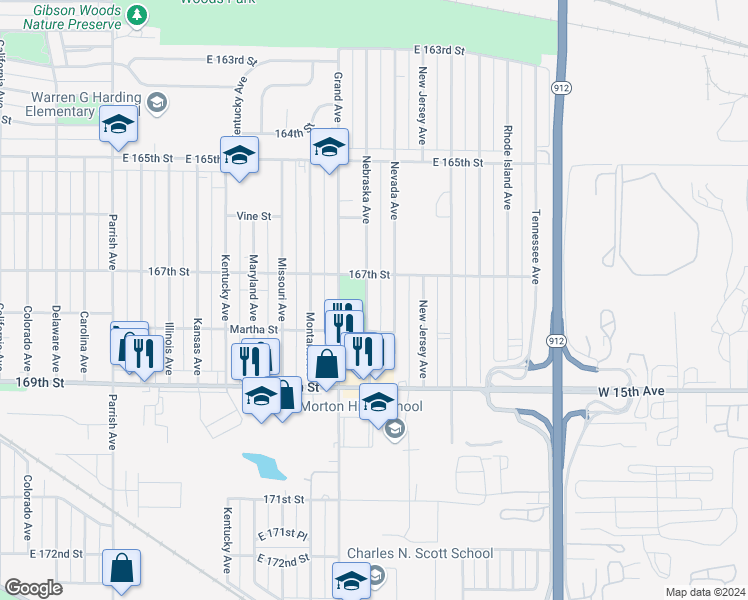 map of restaurants, bars, coffee shops, grocery stores, and more near 6751 Nebraska Avenue in Hammond